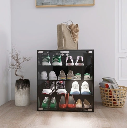 US Local 4-layer Black Shoe Cabinet With LED Lights And Bluetooth Control