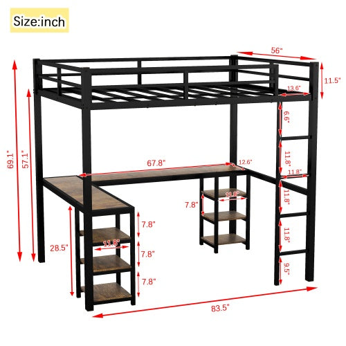 US Local Full XL Metal Loft Bed With Desk And Shelves, Loft Bed With Ladder And Guardrails, Loft Bed Frame For Bedroom, Black