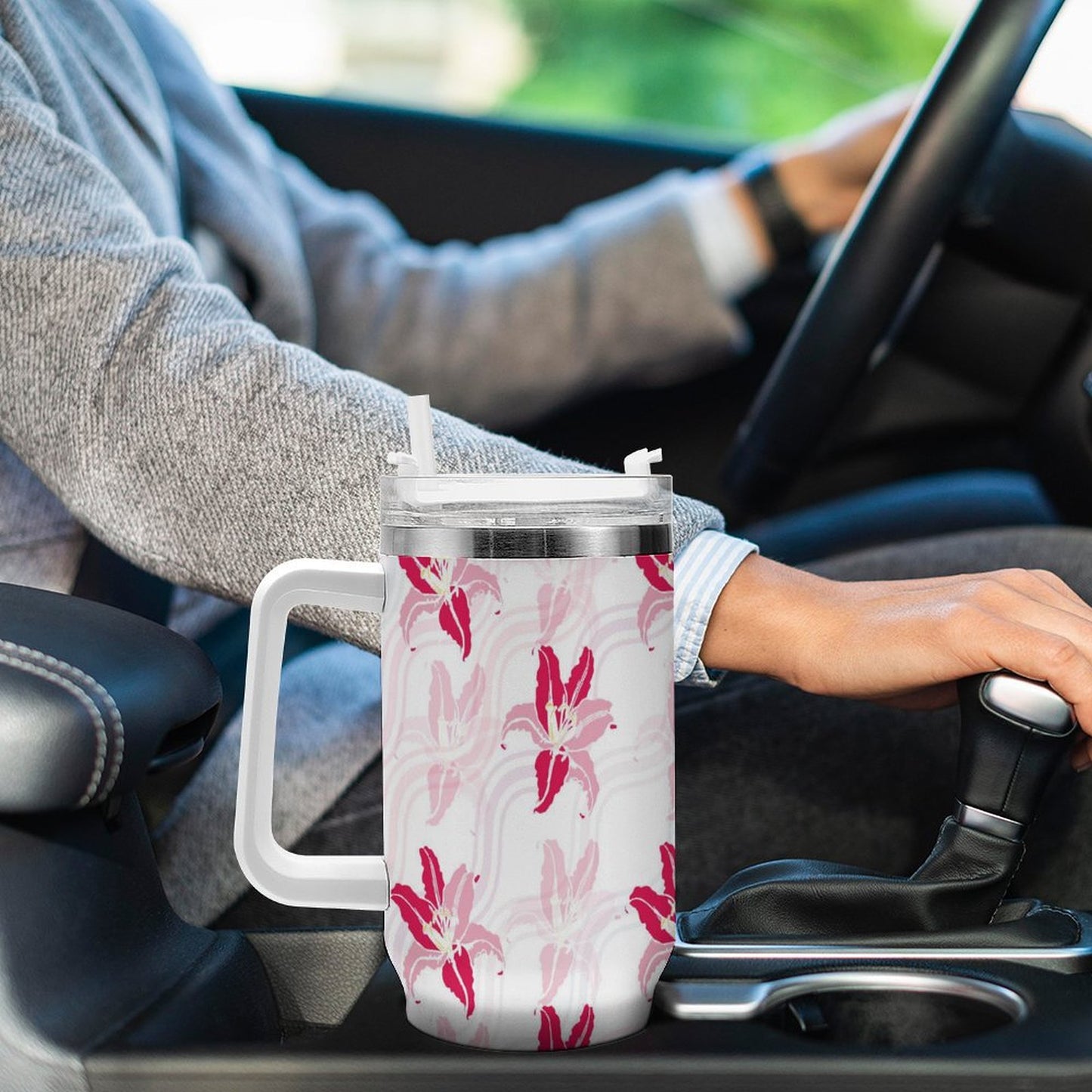 PHDT00366 POD US Local Tumbler 40 oz Large Capacity Car Cup Flower, Contrast, Pink