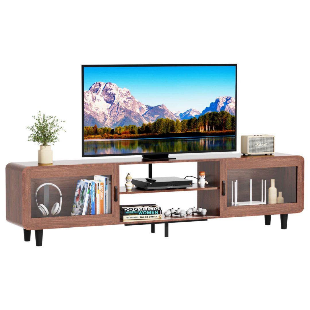 US Local Mid Century Modern TV Stand For 55,60,65,70 Inch TV, Wood Entertainment Center With Power Outlets, Media Console With Sliding Doors And Open Shelf For Living Room, Walnut