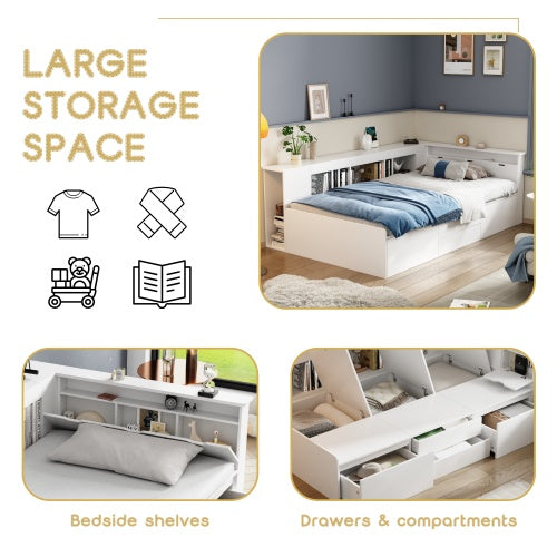 UK Local Children's Bed, Single Bed-3ft90x190cm, Single Bed, Multifunctional Children's Bed With Drawers, Bookcase And Storage Cupboard, Bed Box With Storage Space, Without Mattress, White