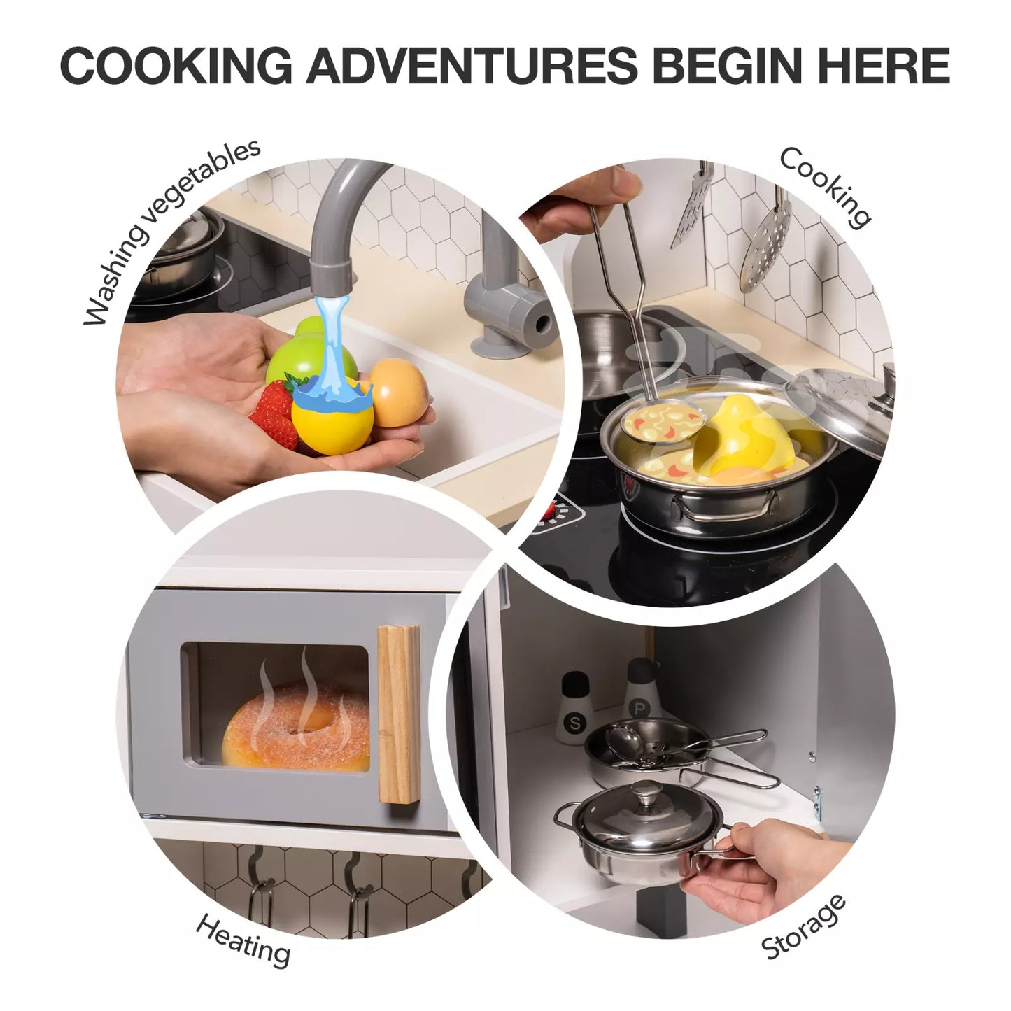 US Local ROBOTIME DIY Pretend Play Kitchen Cooking Toy Set Gift For Boys And Girls Gray