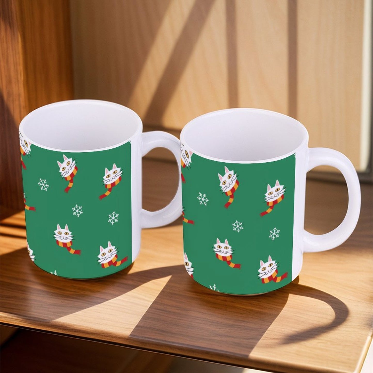 POD US Local White mug with full print, Christmas Cat Scarf Snowflake 0029