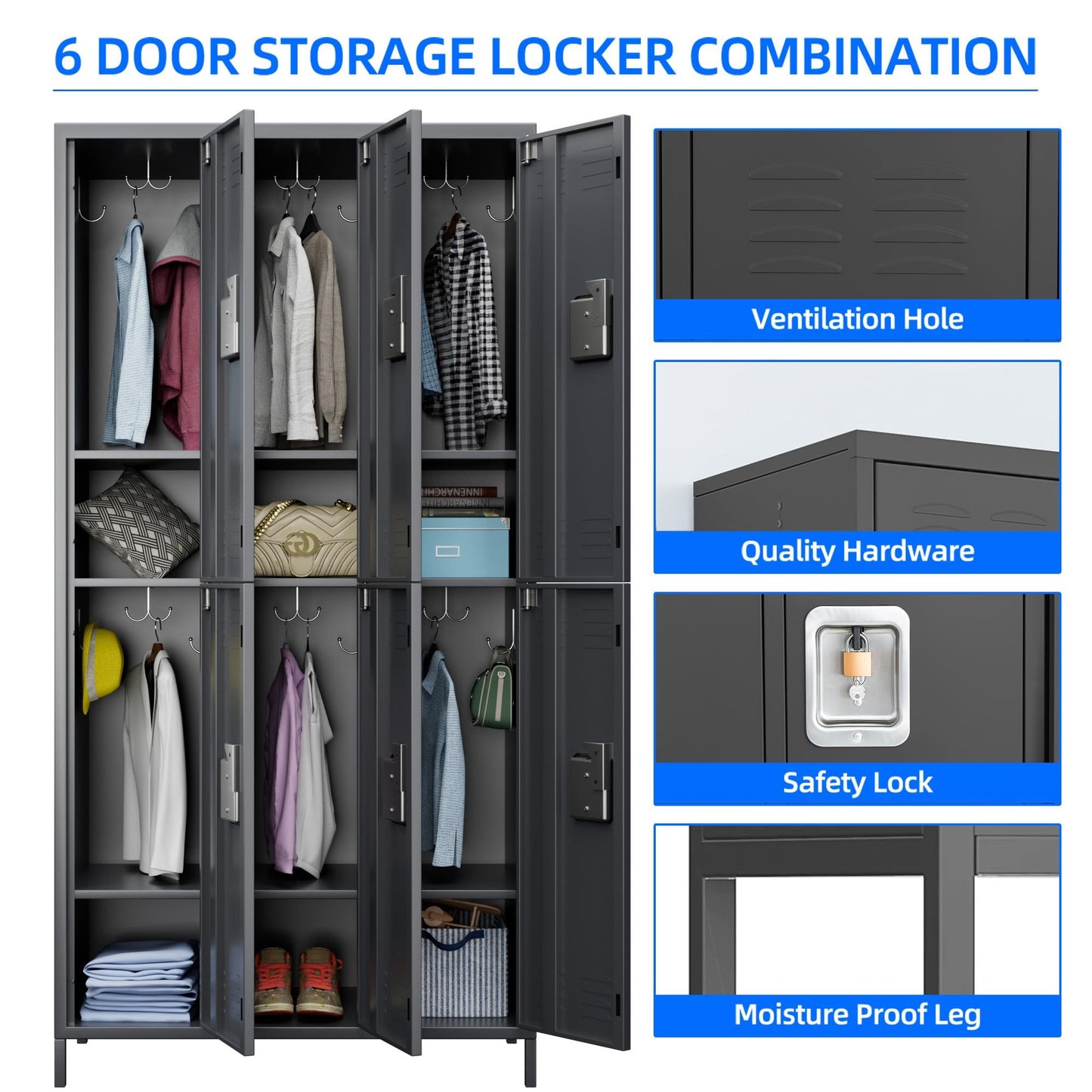 US Local 6 Doors Metal Lockers For Employees With Lock, Metal Locker With 18 Hooks For School Garage Office Gym Home,Assembly Required,Dark Grey