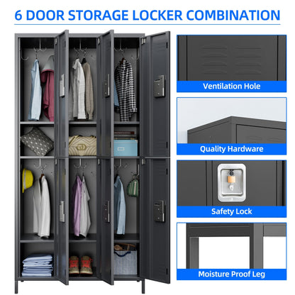US Local 6 Doors Metal Lockers For Employees With Lock, Metal Locker With 18 Hooks For School Garage Office Gym Home,Assembly Required,Dark Grey