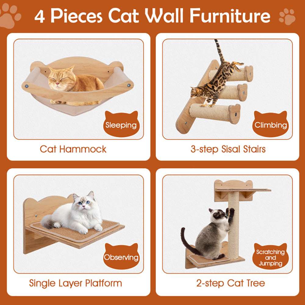 US Local Cat Wall Furniture Set Of 4 With Hammock 2-step Cat Tree And Perch