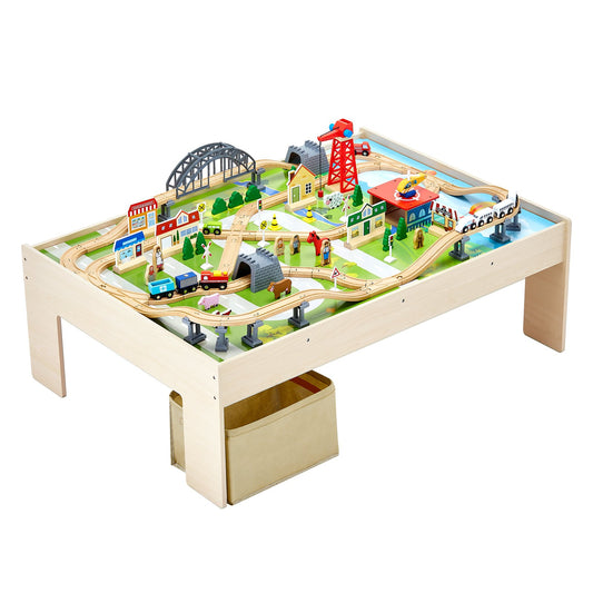 US Local Train Table 120 Pieces Wooden Kids Activity Table With Collapsible Storage Bin