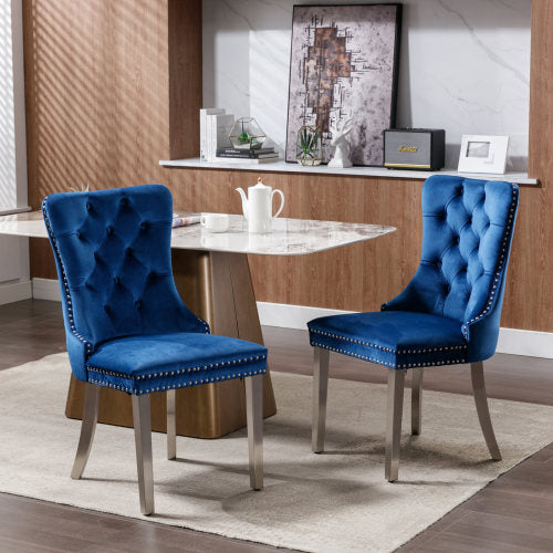 US Local High-end Tufted Solid Wood Contemporary Velvet Upholstered Dining Chair With Chrome Stainless Steel Plating Legs,Nailhead Trim,Set Of 2