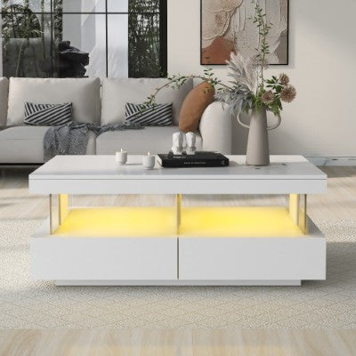 UK Local Coffee Table For Living Room, High Gloss Tea Table With 16-Color LED Lights, Coffee Table With 2 Drawers And Open Storage Space, End Table For Home Office Furniture, White