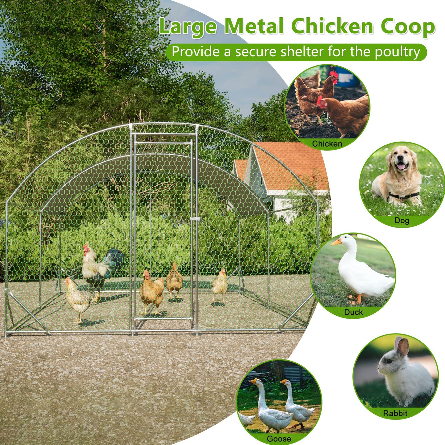 US Local Large Chicken Coop Metal Chicken Run With Waterproof And Anti-UV Cover, Dome Shaped Walk-in Fence Cage Hen House For Outdoor And Yard Farm Use,9.84 X 13.12 X 6.56 Ft