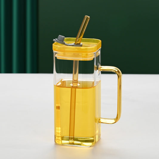 1 Pcs Pink Glass Straw Cup, 6 Colors Square Glass Cup With Straw And Lid, High Borosilicate Glass Cup, Milk Cup, Juice Cup, Cold Drink Cup, Coffee Cup, Tea Cup, Office Cup, Gift Cup