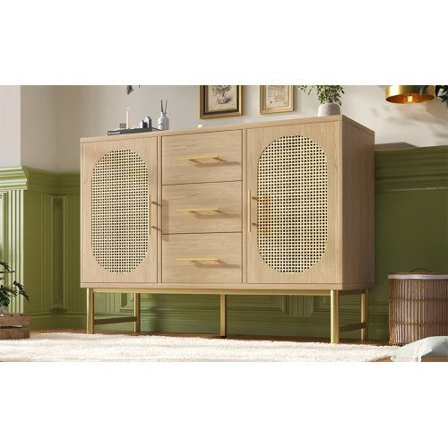 UK Local Rattan Sideboard Storage Cabinet With 2 Doors 3 Drawers, Storage Cabinet For Living Room, Bedroom, And Hallway, Metal Handles, Adjustable Shelves, Anti-Tip, 120 X 40 X 74 Cm, Oak
