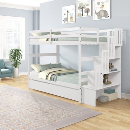 US Local Twin Bunk Beds With Trundle & Stairway Storage In White