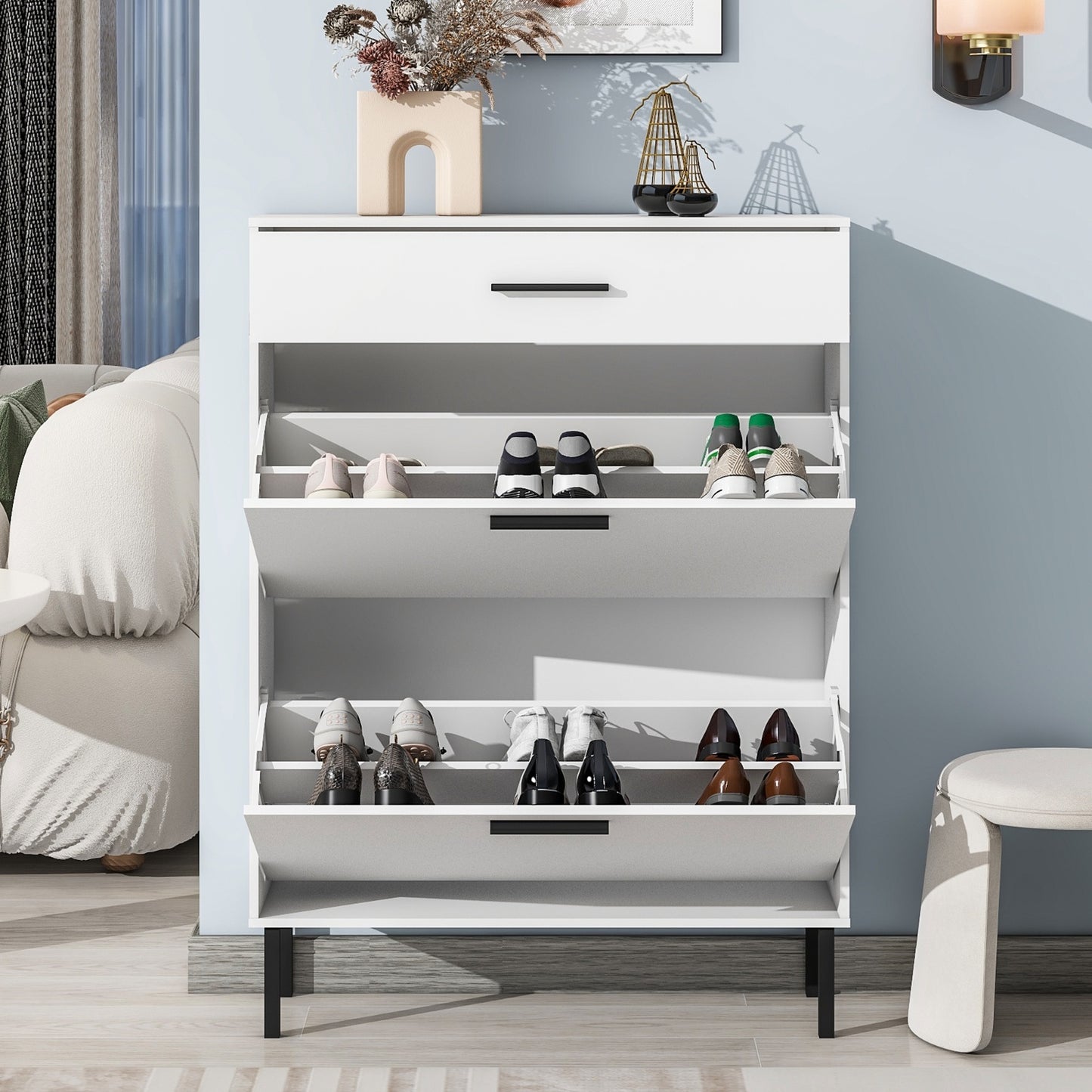 US Local Modern Shoe Cabinet With Drawers & Metal Legs, Freestanding Storage Organizer