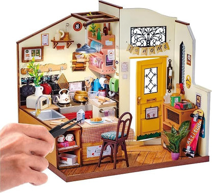 US Local ROBOTIME Rolife Happy Kitchen Dollhouse Minature House DIY Wooden Puzzle With LED Light DG159