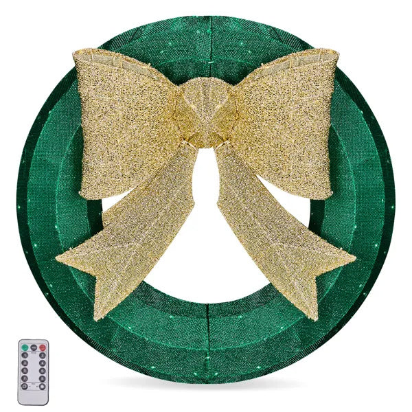 US Local 24in Pre-lit Outdoor Christmas Wreath Decoration, Lighted Metal Wreath With Golden Bow, Green And Warm White LED Lights, For Front Door Gate Wall Indoor Outdoor Holiday Party