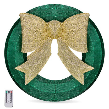 US Local 24in Pre-lit Outdoor Christmas Wreath Decoration, Lighted Metal Wreath With Golden Bow, Green And Warm White LED Lights, For Front Door Gate Wall Indoor Outdoor Holiday Party