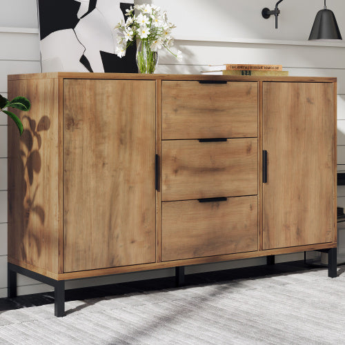 UK Local Sideboard Cabinet For Living Room, Chest Of Drawers With With 2 Doors And 3 Drawers, Adjustable Shelf, Dark Oak, 40D X 120W X 76H Centimetres
