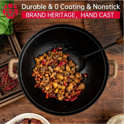 US Local WANGYUANJI 14.2 Handmade Wok, Cast Iron Wok Pan, Large Flat Bottom Wok Stir With Dual Handle And Wooden Lid, Suitable For All Cooktops, Uncoated Chinese Traditional Wok