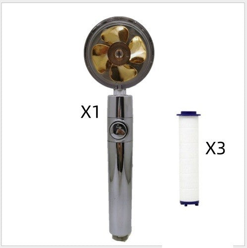 US Local Propeller Driven Shower Head With Stop Button And Cotton Filter Turbocharged High Pressure Handheld Shower Nozzle