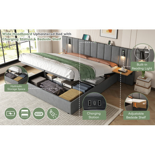 UK Local King Upholstered Bed With Charging Station, Velvet Hydraulic Storage Bed With Reading Light, 5ft King Bed Frame With Channel Tufted Headboard And Adjustable Bedside Shelf, Grey No Mattress