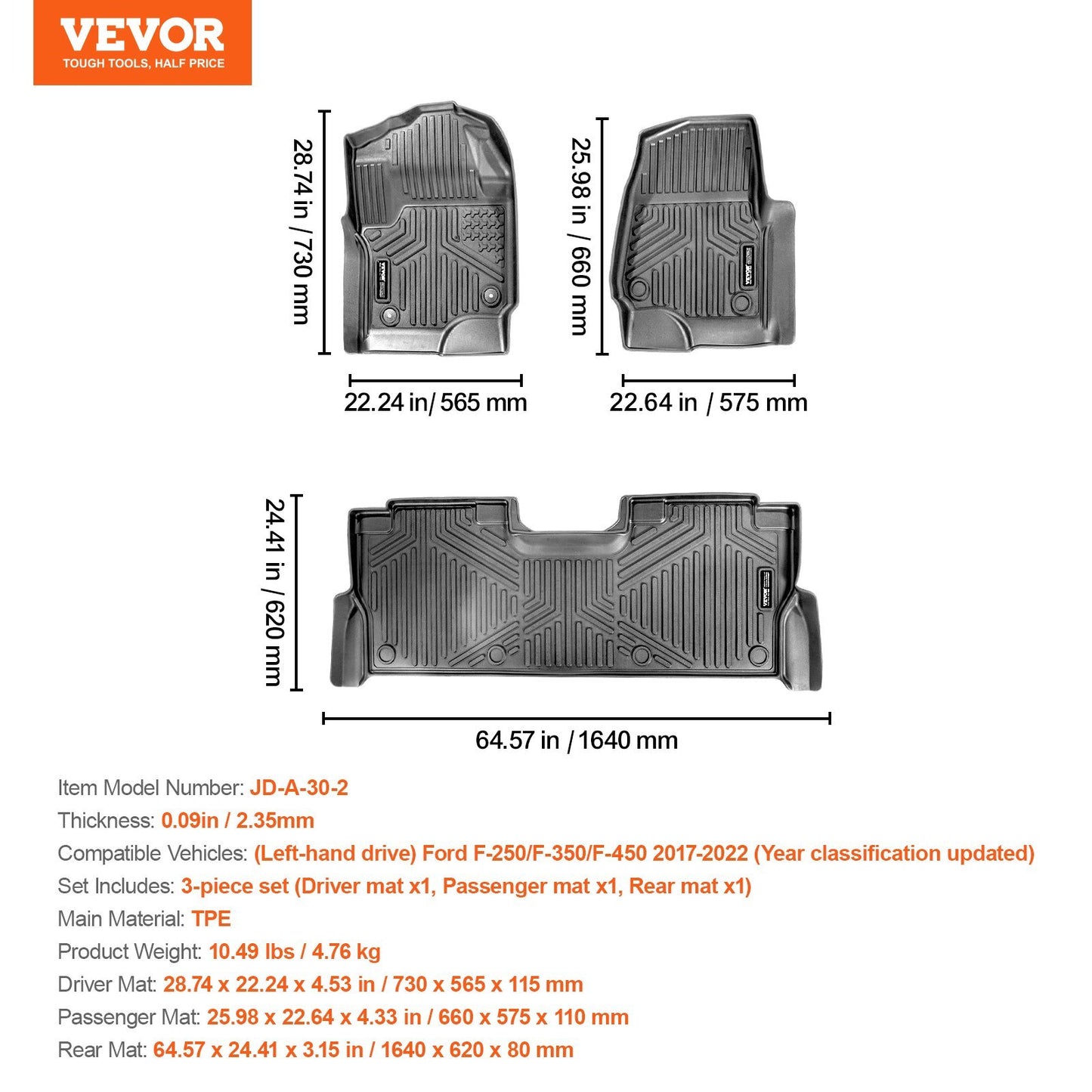 US Local VEVOR Automotive Floor Mats Fits For Ford F-250 F-350 F-450 2017-2022 3 Pcs
