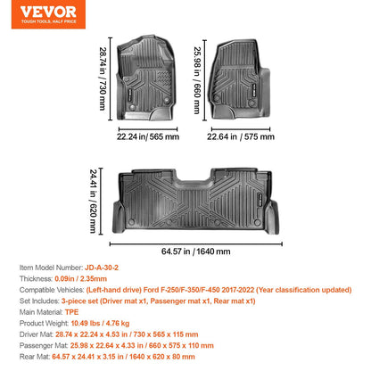 US Local VEVOR Automotive Floor Mats Fits For Ford F-250 F-350 F-450 2017-2022 3 Pcs