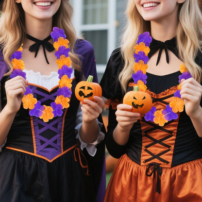 US Local 24 Pcs Halloween Leis Hawaiian Leis Necklace Tropical Flower Lei Floral Luau Party Decorations Orange Purple Dance Garland Headbands Photo Booth Photo Props For Halloween Birthday Trick Or Treat Party