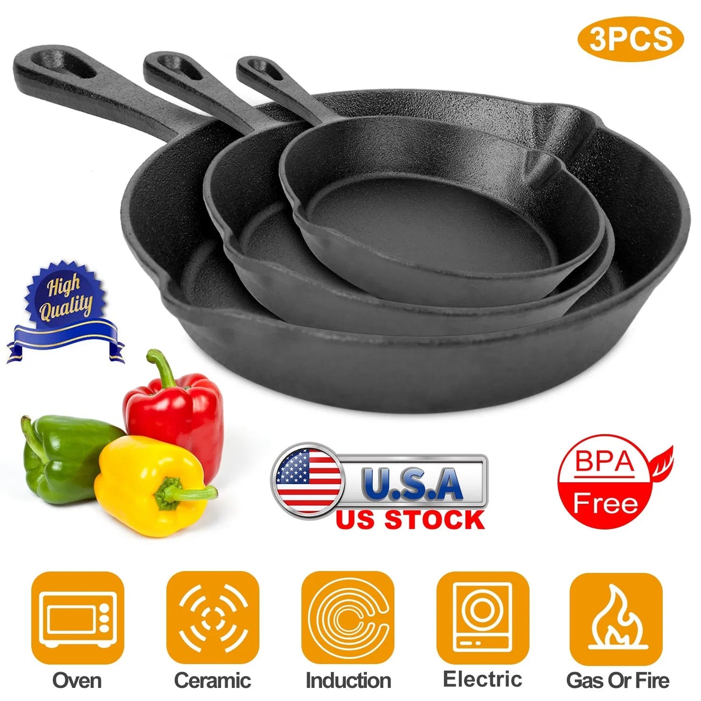 US Local 3Pcs Pre-Seasoned Cast Iron Skillet Set 6 8 10in Non-Stick Oven Safe Cookware Heat-Resistant Frying Pan
