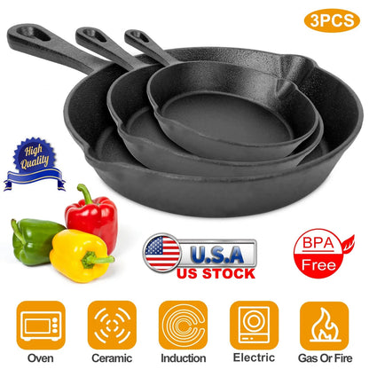 US Local 3Pcs Pre-Seasoned Cast Iron Skillet Set 6 8 10in Non-Stick Oven Safe Cookware Heat-Resistant Frying Pan
