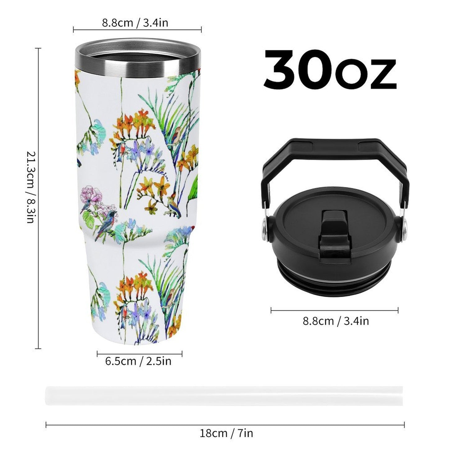 POD US Local Tumbler 30oz Large Capacity Car Cup Parrots, Flowers, Tropical Style