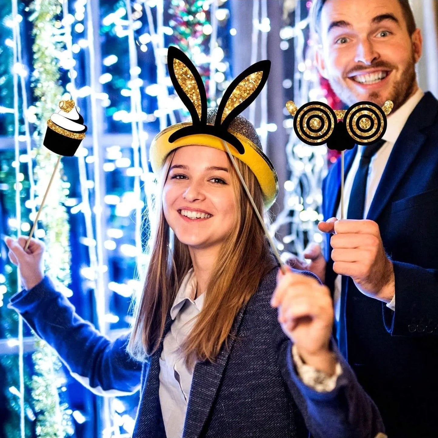 US Local 24 Pieces Party Photo Booth Props For Birthday Weddings Graduation Prom Party Supplies Mix Of Hats, Lipstick, Tie, Crowns Golden,Christmas