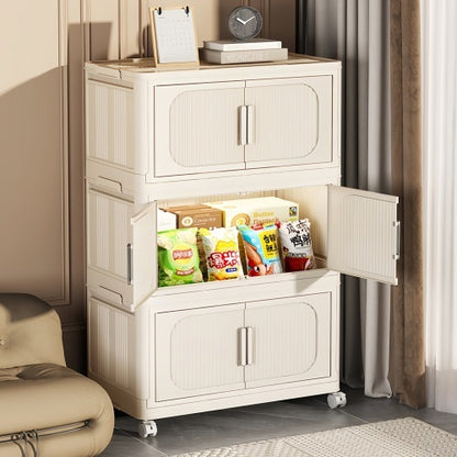 US Local Cream White 19.69 Side Wide Folding Storage Cabinet ,3 Tiers,19.69x11.81x31.1,Collapsible Storage Bins With Magnetic Door, Plastic Storage Cabinet With Wheels