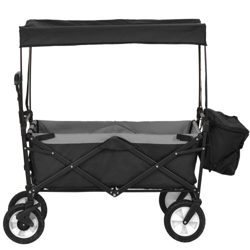 UK Local Garden Cart With Romovable Canopy, Foldable Trolley Wagon 4 Wheels Front Cup Holder Cooler Bag Push Pull Handle Hand Truck Black