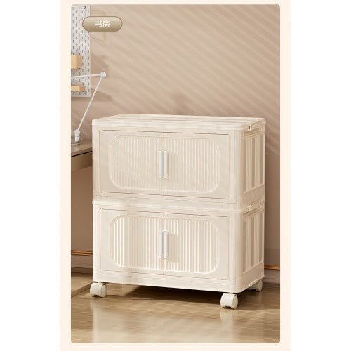 Cream White,19.69 Side Wide Folding Storage Cabinet ,5 Tiers,19.69x11.81x50.00,Collapsible Storage Bins With Magnetic Door, Plastic Storage Cabinet With Wheels
