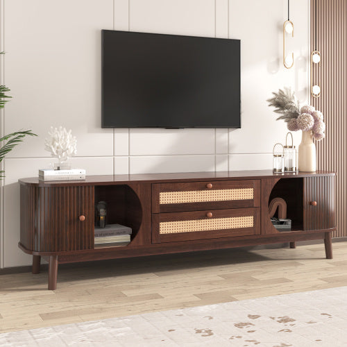 US Local Rattan TV Stand For TVs Up To 75'', Modern Farmhouse Media Console, Entertainment Center With Solid Wood Legs, TV Cabinet For Living Room,Home Theatre