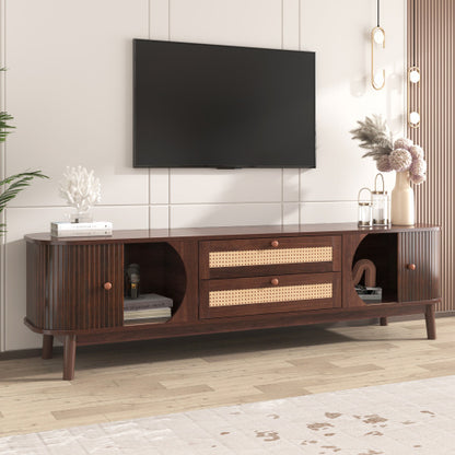 US Local Rattan TV Stand For TVs Up To 75'', Modern Farmhouse Media Console, Entertainment Center With Solid Wood Legs, TV Cabinet For Living Room,Home Theatre
