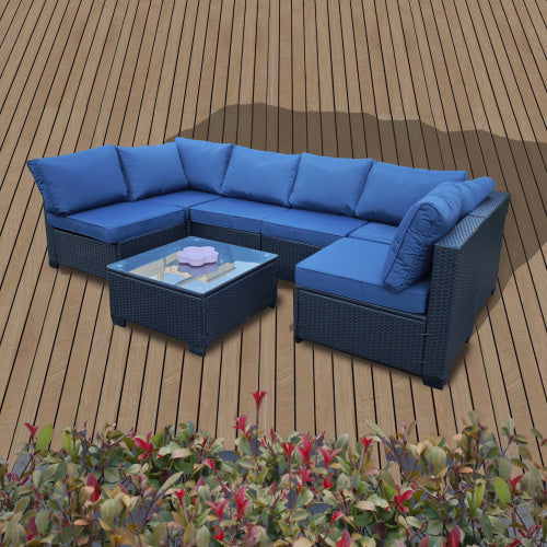 US Local Seven-Piece Sofa Set Table With Sofa Chair Black PE Rattan Outdoor Furniture 7-JH001 Box 3-1-2-3 With Blue Color Cushion