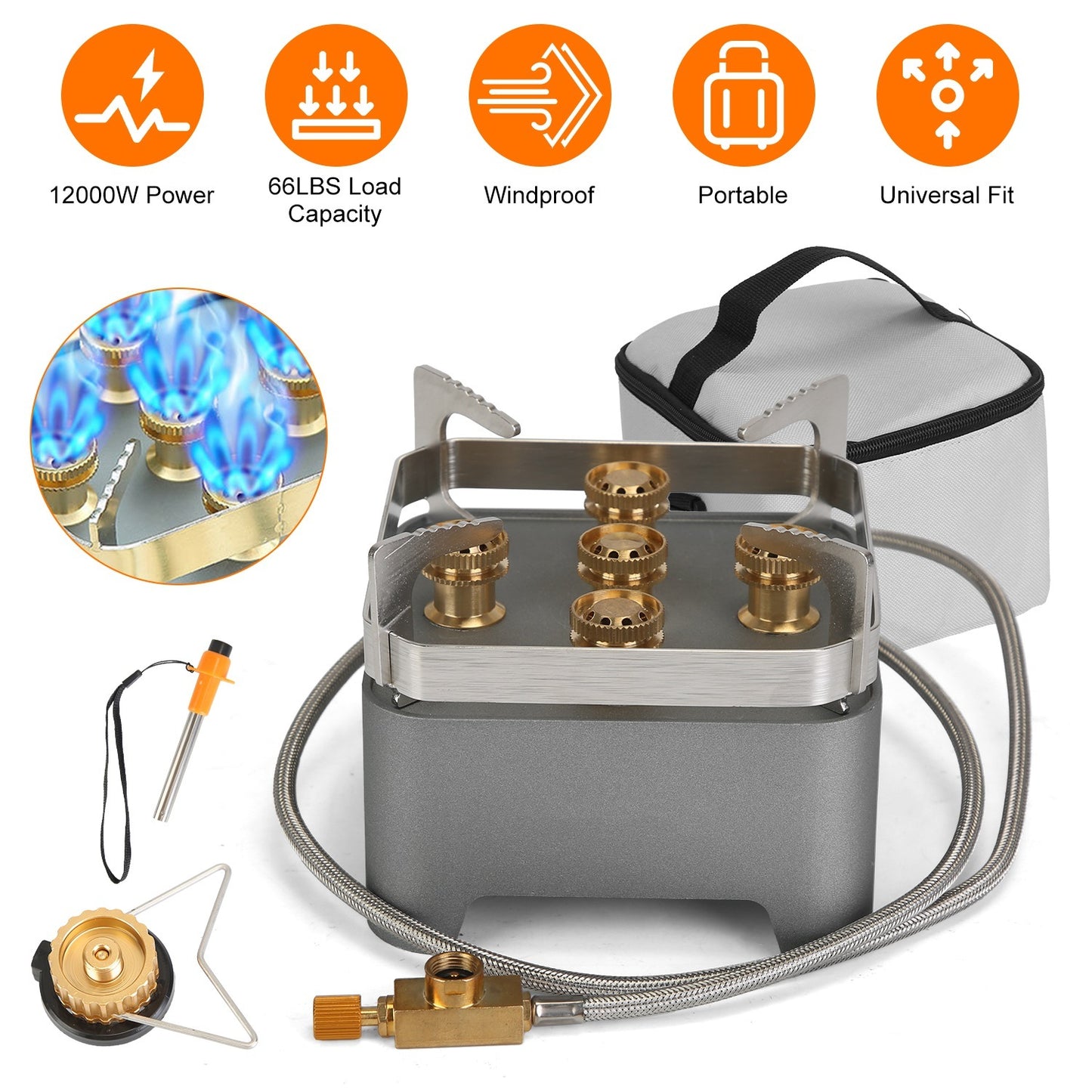 US Local 12000W Portable Camping Stove With Cassette Adapter Windproof Outdoor Backpacking Burner With Carrying Case Igniter For Outdoor Hiking Camping Picnic Backpacking