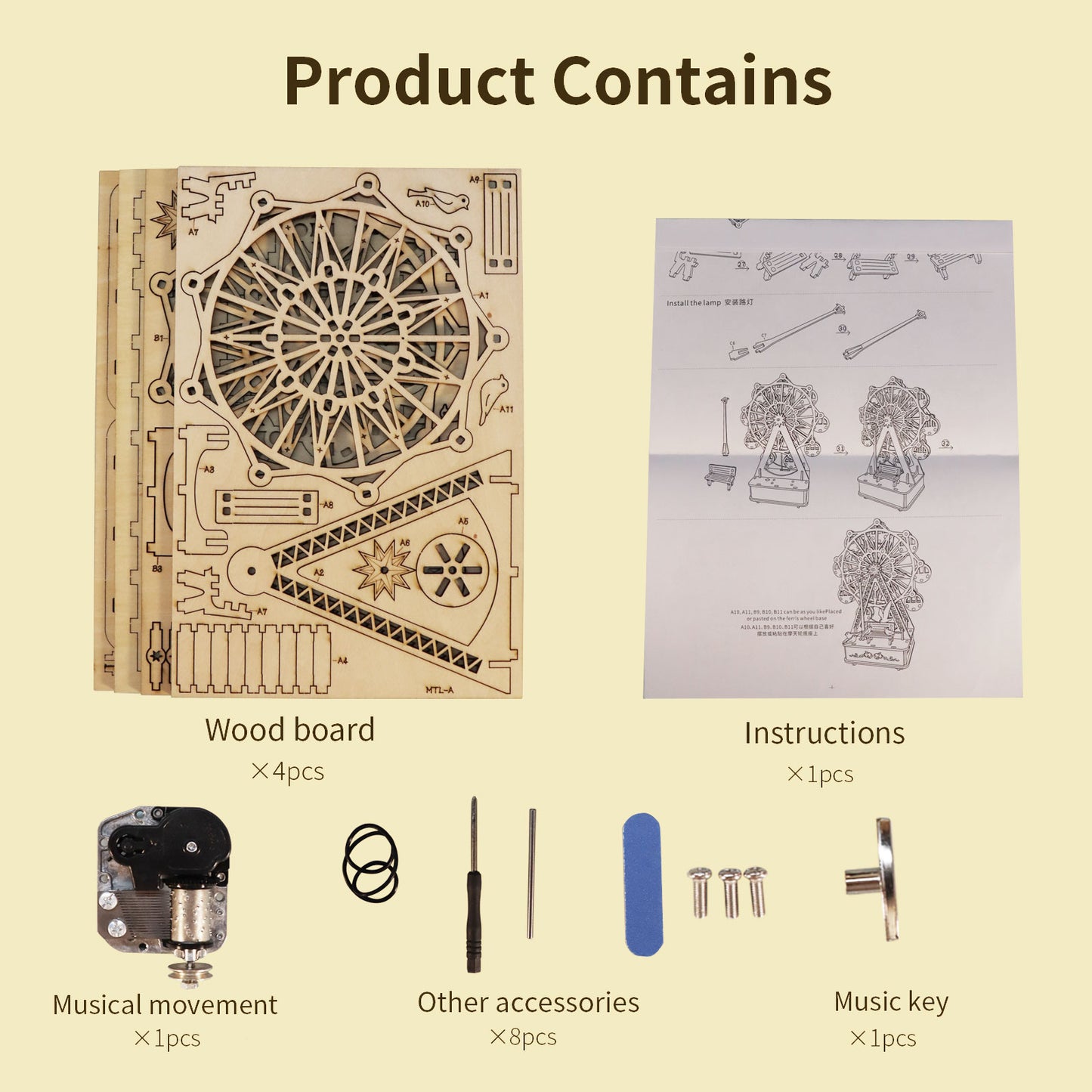 US Local MUSIC PARK 3D Wooden Puzzles Music Box Ferris Wheel DIY Crafts Handmade Model Kits For Women Birthday Gifts