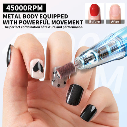US Local Nail Drill, Portable Electric Nail File 45000RPM, Rechargeable Nail Drill Professional With Bits & Base, For Acrylic Gel Nails, E-File Machine, Manicure Polishing, For Salon Home