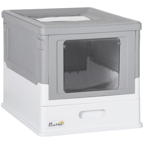 UK Local PawHut Hooded Cat Litter Box, Portable Pet Toilet, With Scoop, Front Entry - Grey