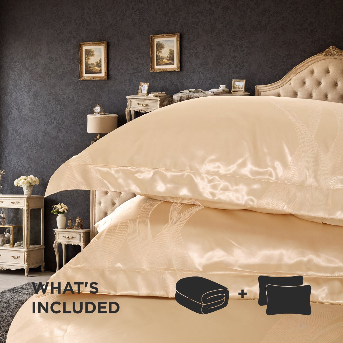 US Local Luxurious Satin Microfiber Bedding Set Double-sided Jacquard Pattern, Italian Style Gold Ultra-shine Quilt Cover Three-piece Set, Super Soft King-size Quilt Cover With Pillowcase, Machine Washable, OK