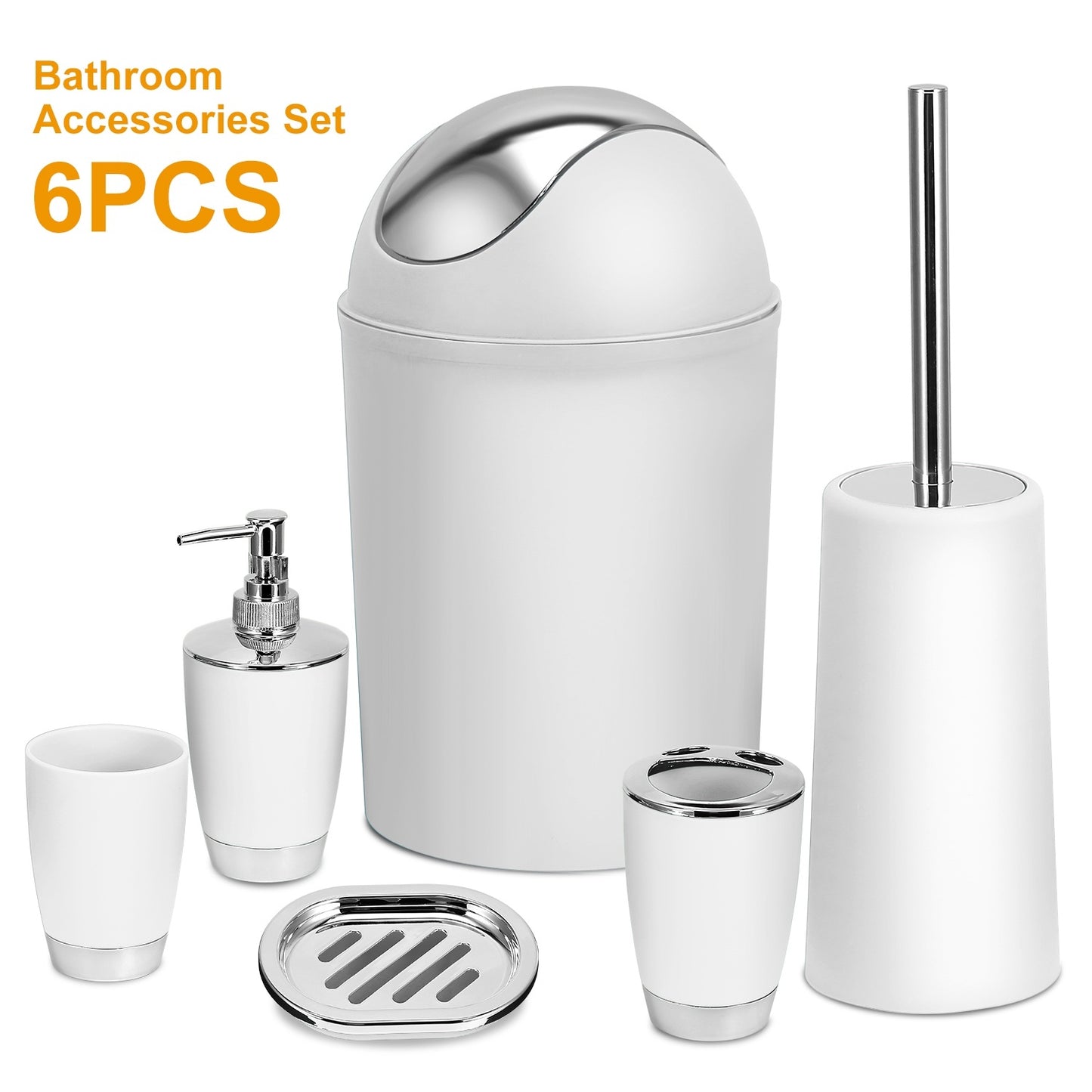US Local Bathroom Accessories Set 6 Pcs Bathroom Set Ensemble Complete Soap Dispenser Toothbrush Holder Tumbler Soap Dish Toilet Cleaning Brush Trash Can