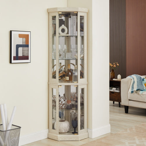 US Local Corner Glass Cabinet Lighted Curio Cabinet Corner Display Case For Living Room, Curio Cabinet, Antique Collection, Wine,Bar Glass Storage Light Included,Dark Cherry