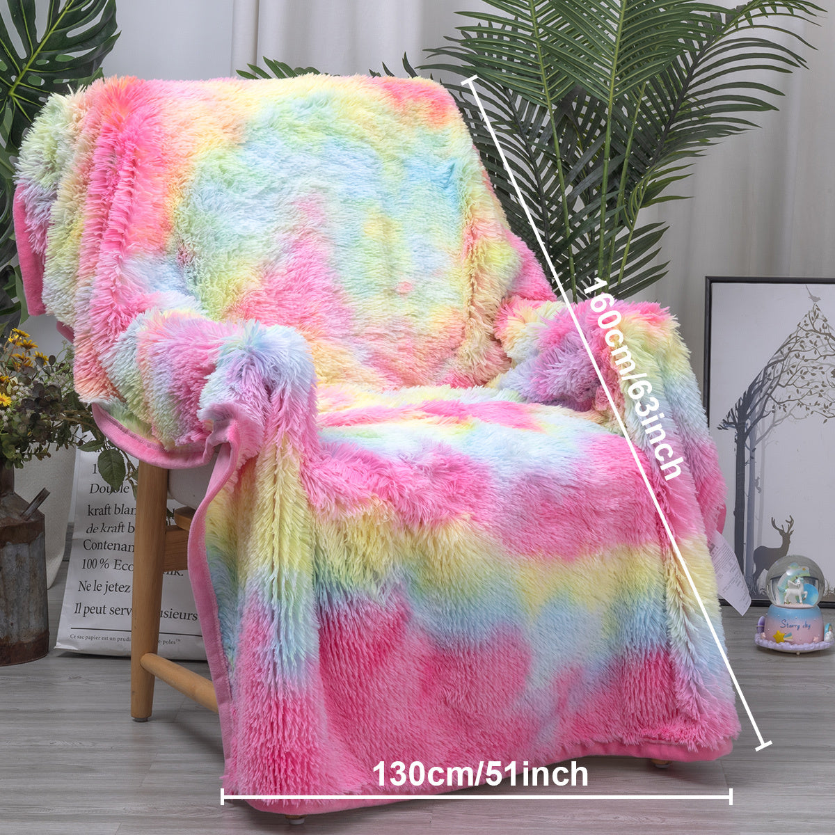 US Local 1 Piece Shaggy Blanket Plush Faux Fur Blanket For Bed Sofa Ultra Soft Luxury Sherpa Blanket Rainbow Colorful  Blanket