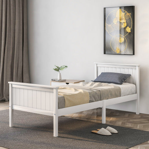 UK Local Wooden Bed Frame With Headboard And Footboard, Pine Wood Bed For Kids Bedroom, Ivory
