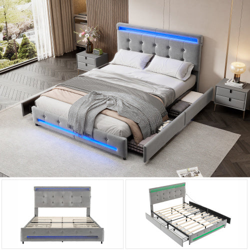 UK Local Upholstered Bed, 4ft6 Double Bed 135x190cm, Storage Bed, Soft Backrest, 4 Drawers With Pulleys, Light Strips Around The Bed, Metal Underbed Bracket, With Bed Slats, For Adults  Teenagers, Velvet,Grey