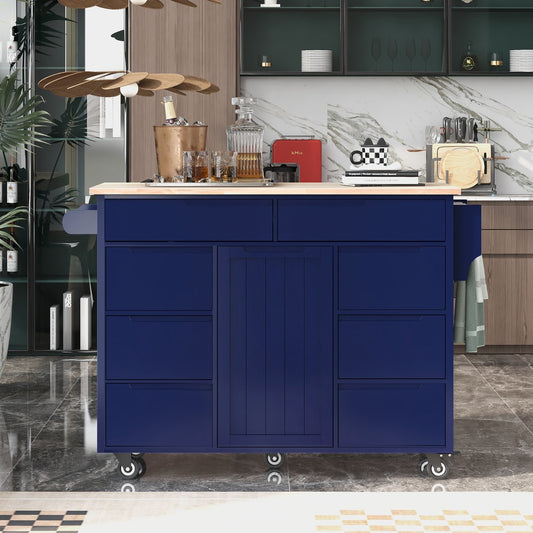 US Local K&K Store Kitchen Cart With Rubber Wood Top, 8 Handle-Free Drawers