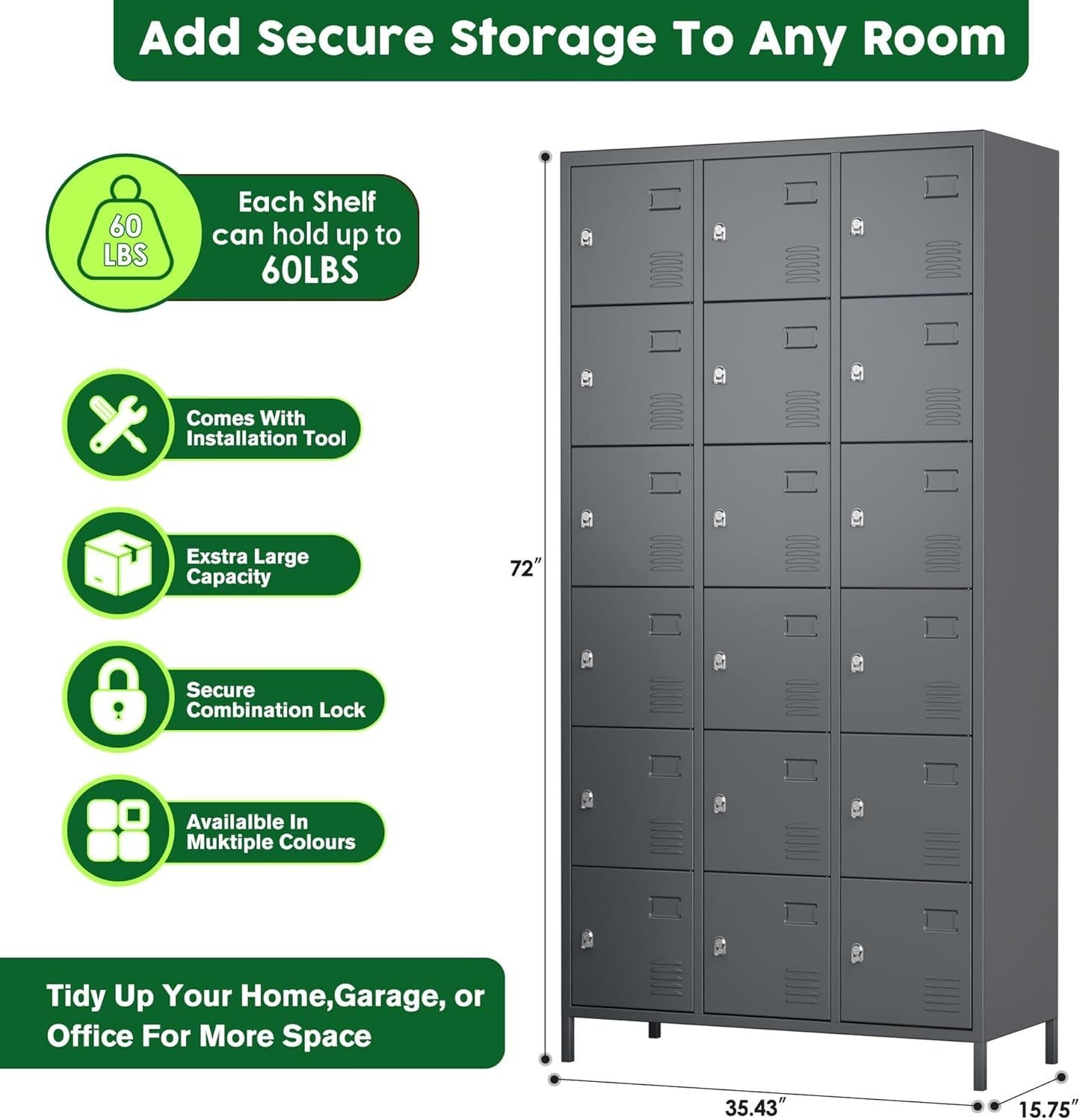 US Local Metal Lockers For Employees With 18 Door,Metal Storage Locker With Lock For School Garage Gym Office Home Bedroom,Assembly Required,18 Doors Dark Grey